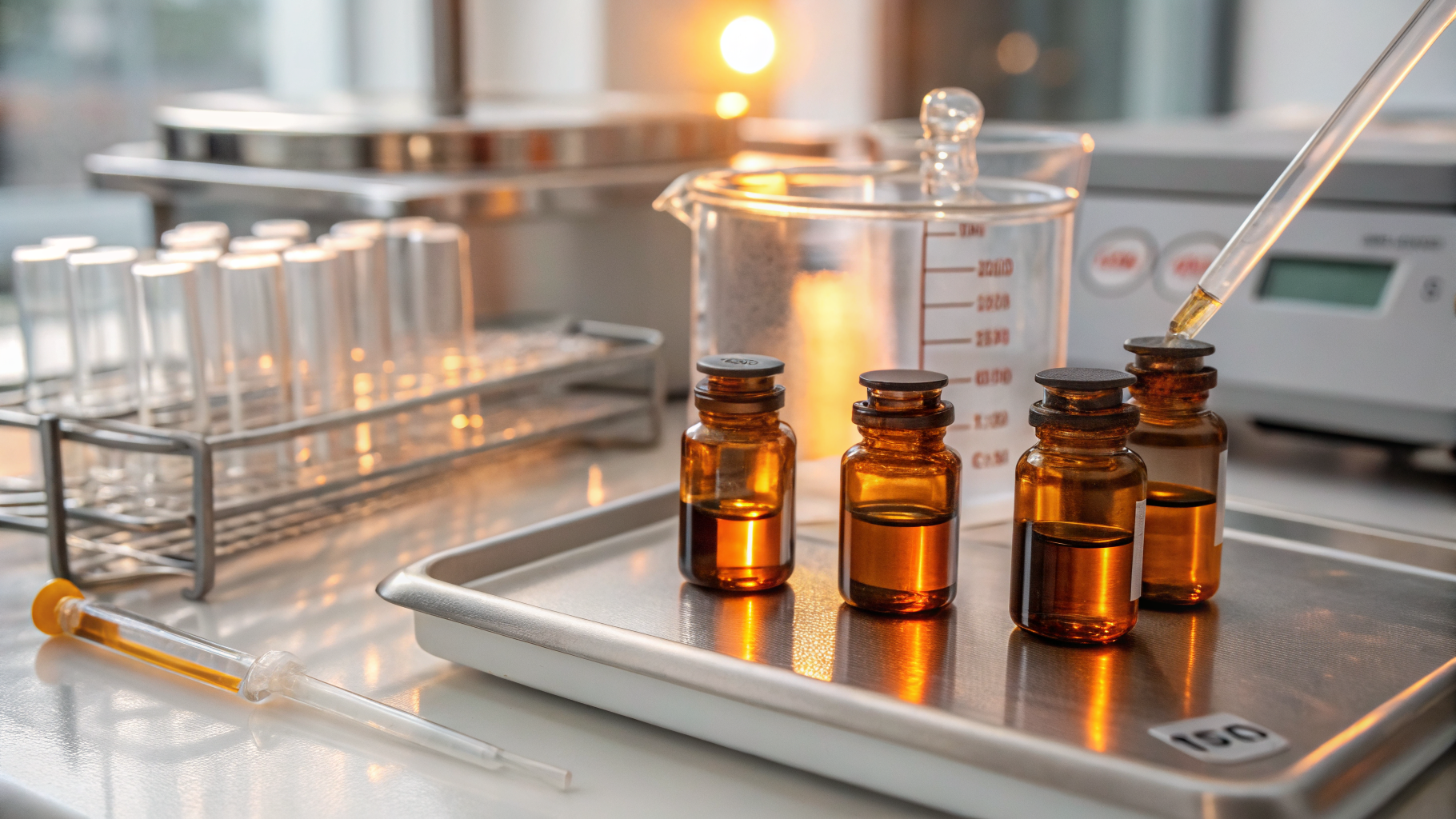 Calibrated biochemical buffer bottles on laboratory bench