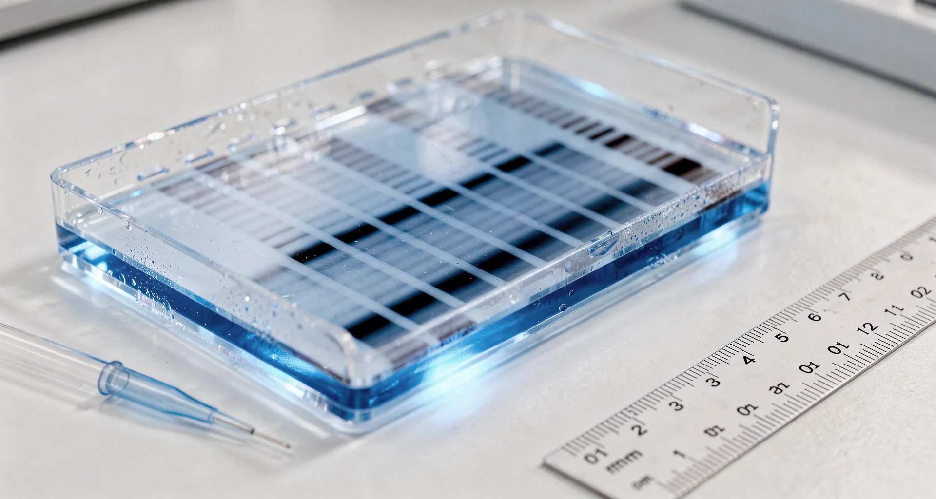 Molecular restriction digestion gel illuminated under transilluminator